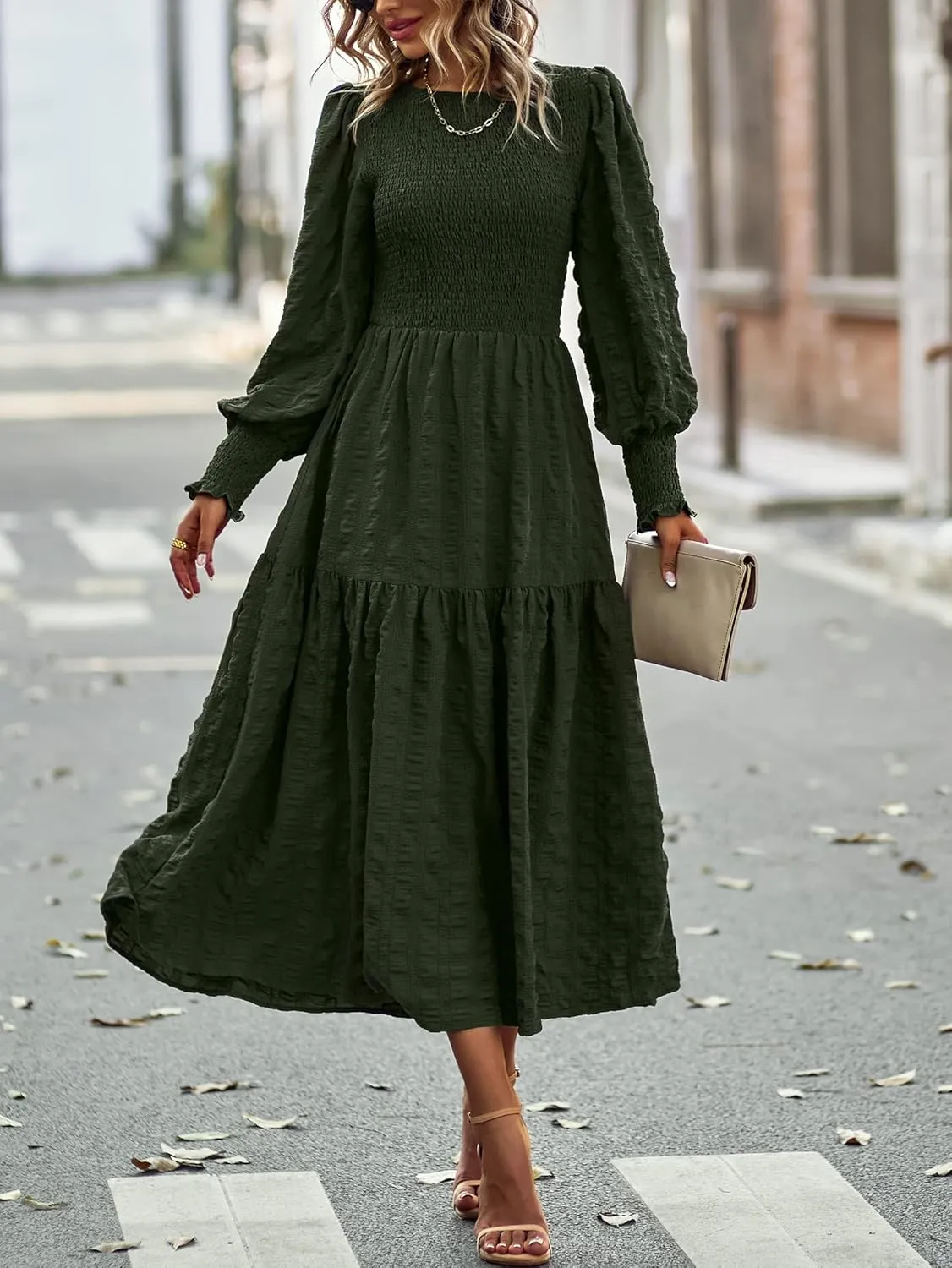 Women's Round Neck Long Sleeve Dress Solid Color Slit Ruffles Club Party Evening Dress