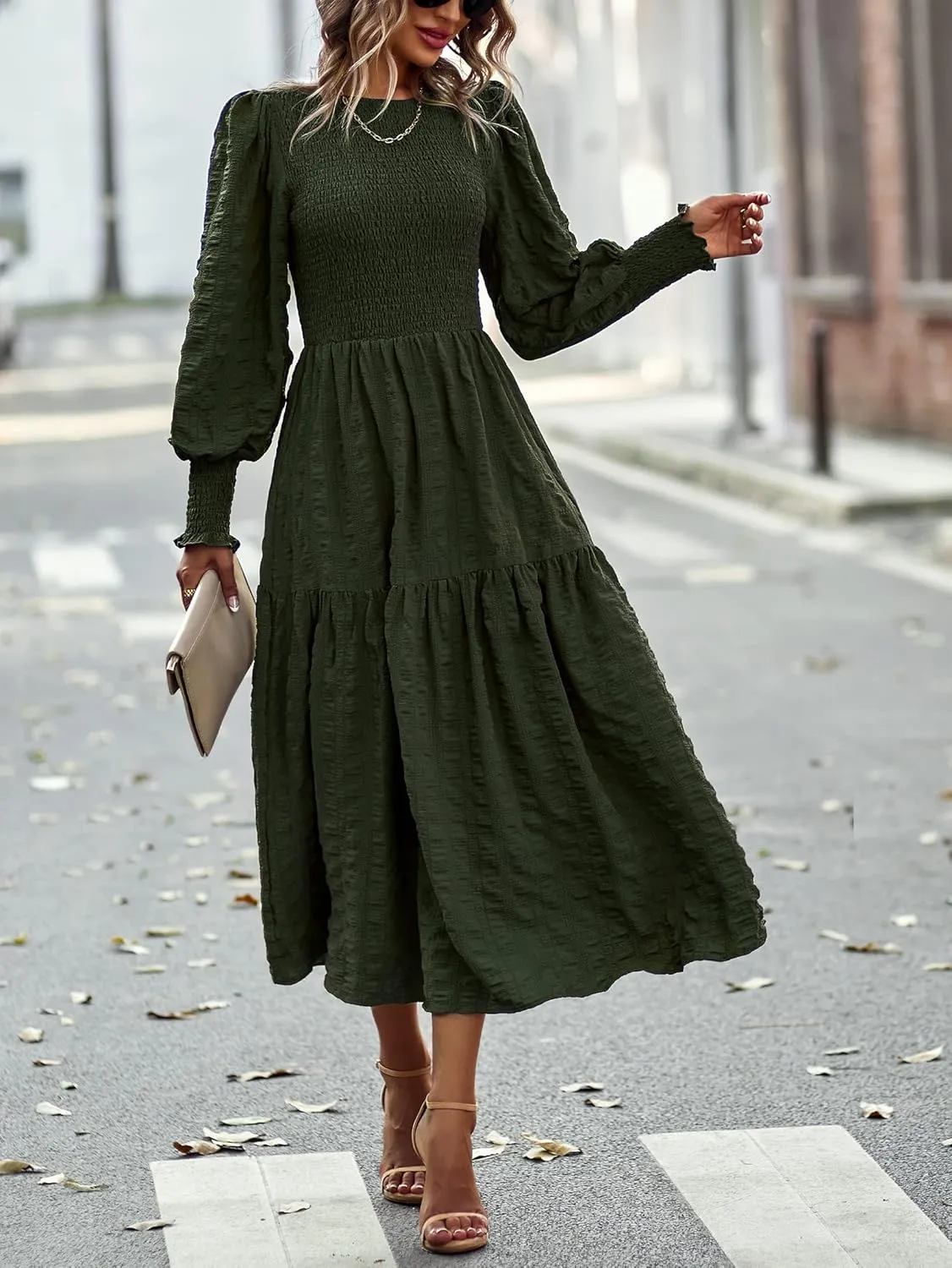 Women's Round Neck Long Sleeve Dress Solid Color Slit Ruffles Club Party Evening Dress