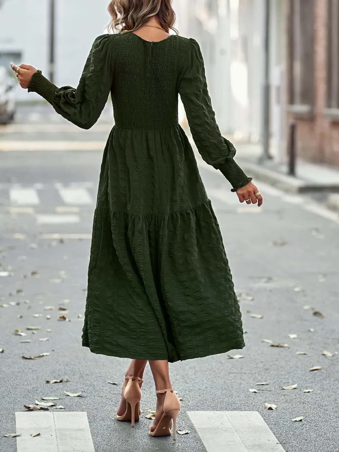 Women's Round Neck Long Sleeve Dress Solid Color Slit Ruffles Club Party Evening Dress
