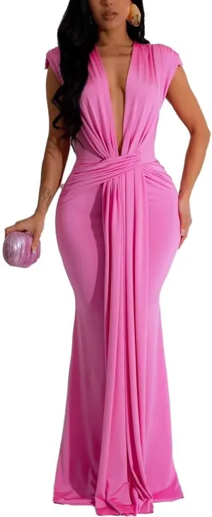 Women's Sexy Elegant Deep V Neck Sleeveless Bodycon Party Evening Gown Maxi Dress