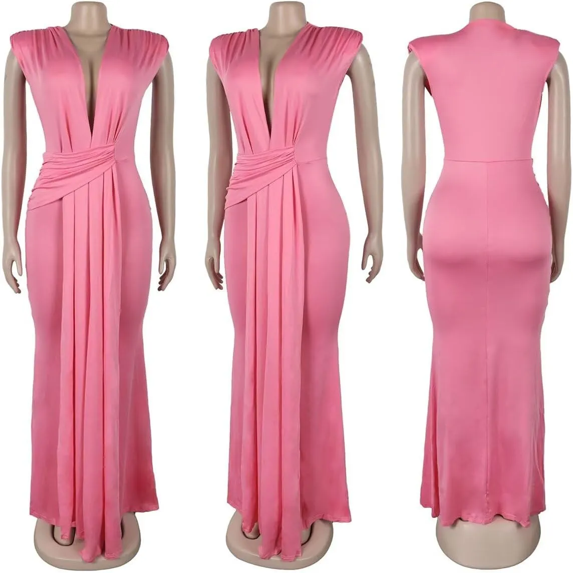 Women's Sexy Elegant Deep V Neck Sleeveless Bodycon Party Evening Gown Maxi Dress