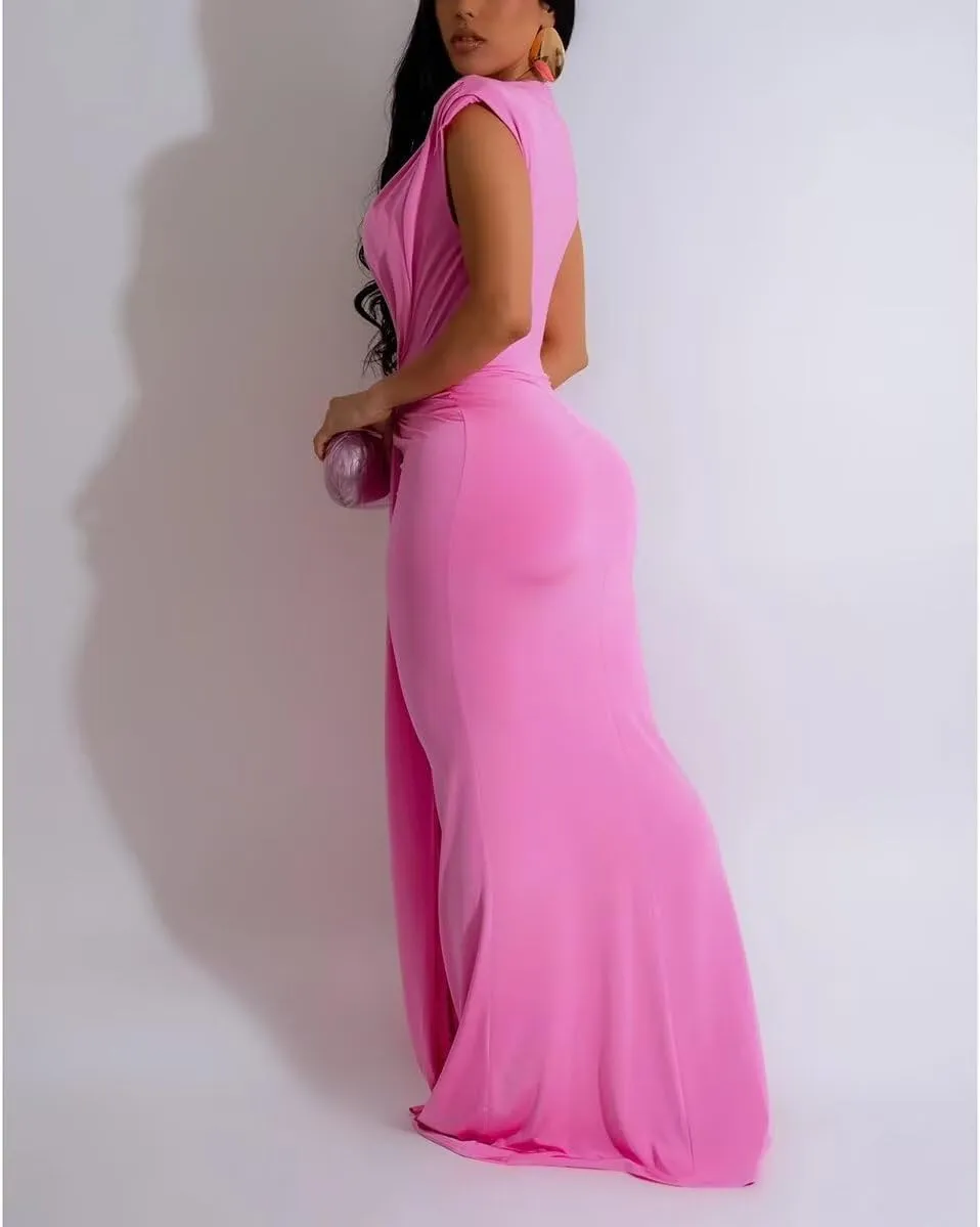 Women's Sexy Elegant Deep V Neck Sleeveless Bodycon Party Evening Gown Maxi Dress