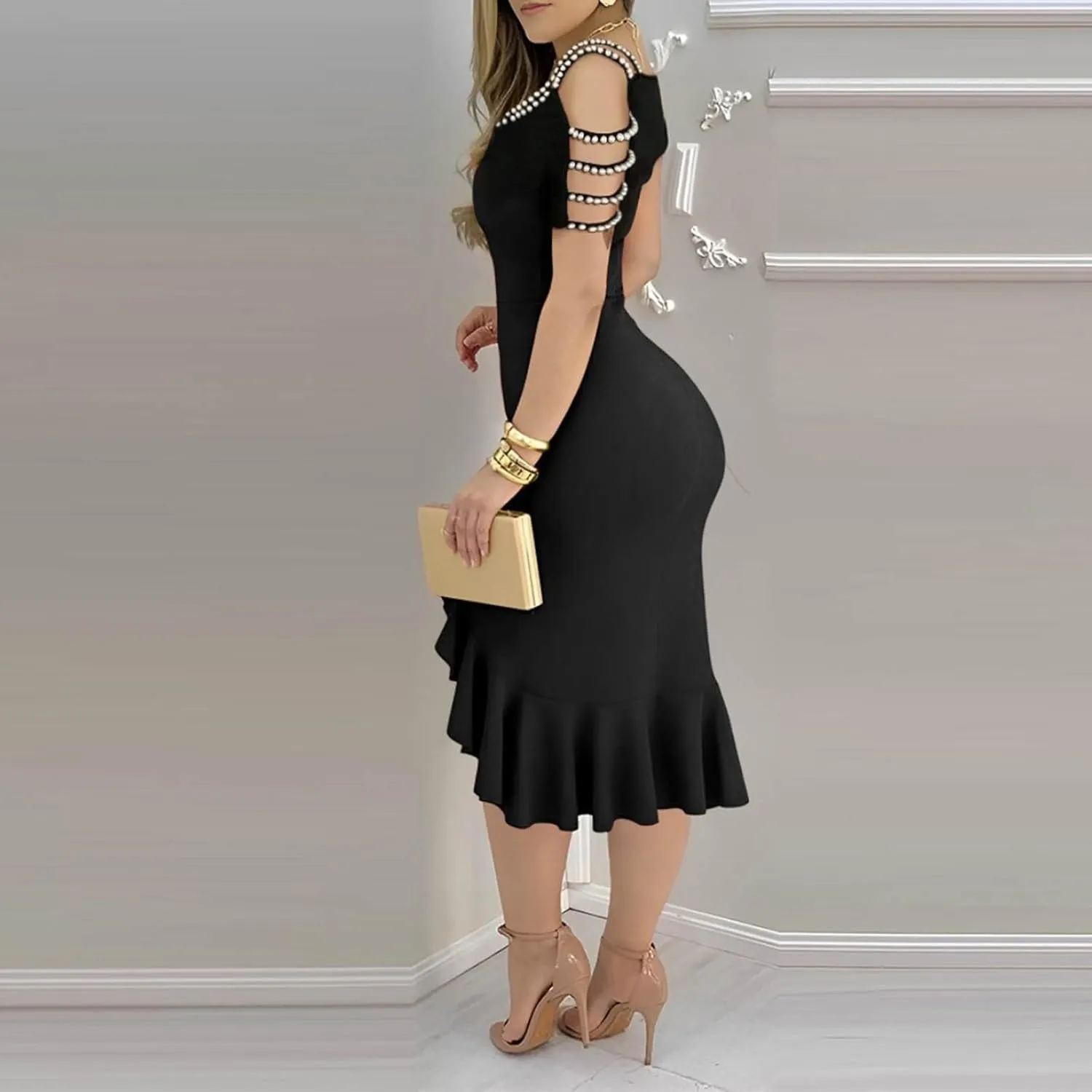 Women's Sexy Off Shoulder Bodycon Elegant Crew Neck Midi Formal Dresses Irregular Ruffle Hem Cocktail Party Dress