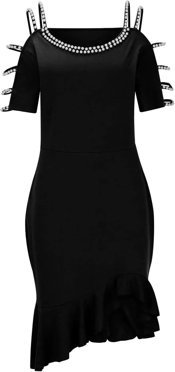 Women's Sexy Off Shoulder Bodycon Elegant Crew Neck Midi Formal Dresses Irregular Ruffle Hem Cocktail Party Dress