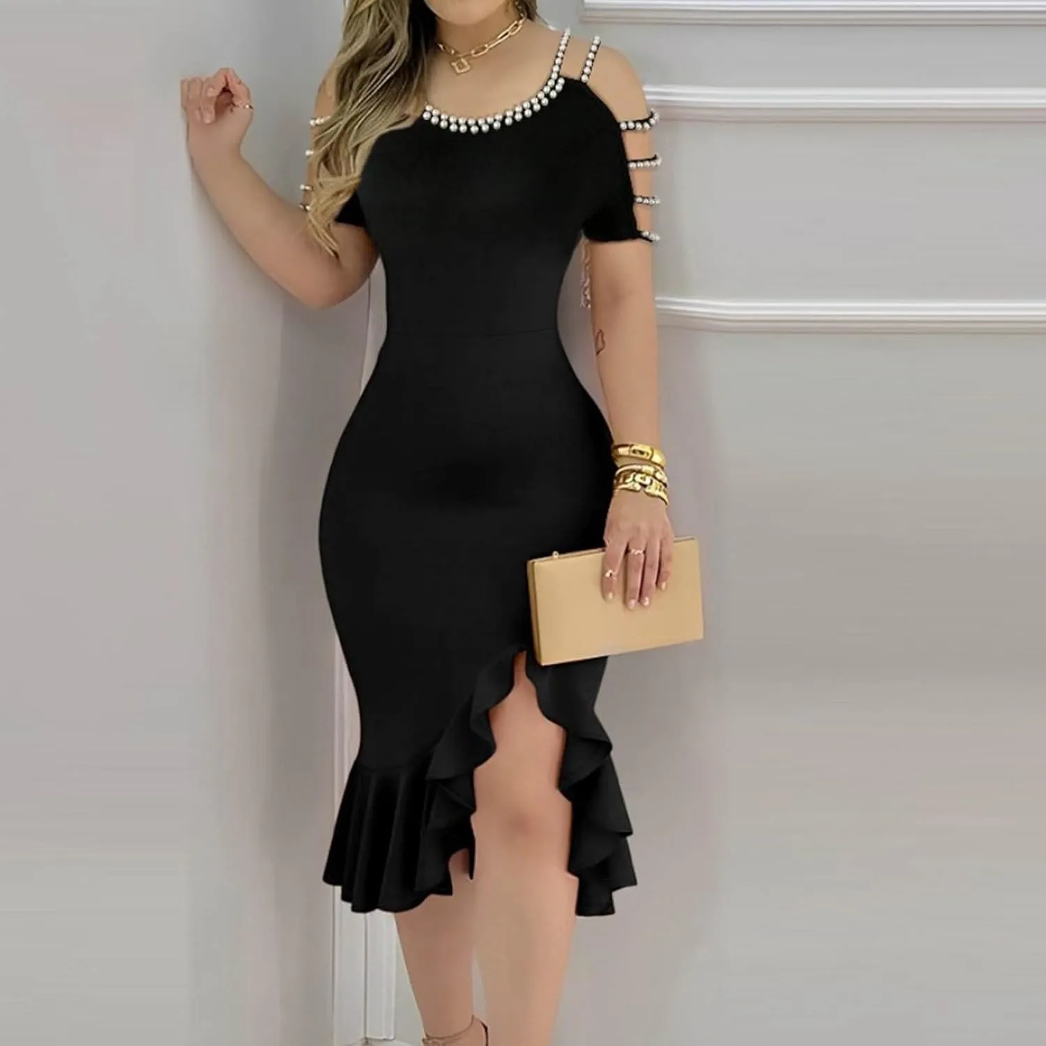 Women's Sexy Off Shoulder Bodycon Elegant Crew Neck Midi Formal Dresses Irregular Ruffle Hem Cocktail Party Dress