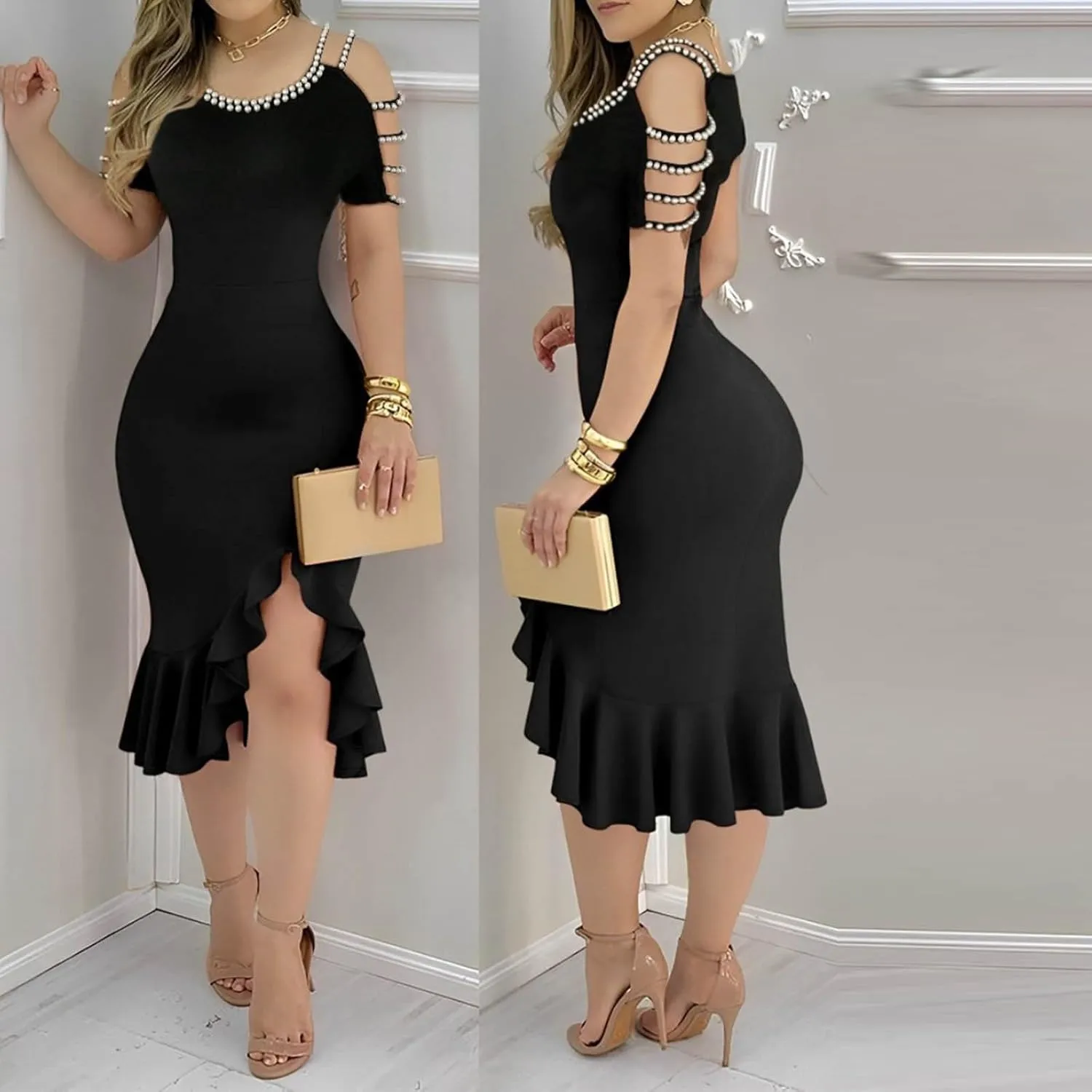 Women's Sexy Off Shoulder Bodycon Elegant Crew Neck Midi Formal Dresses Irregular Ruffle Hem Cocktail Party Dress