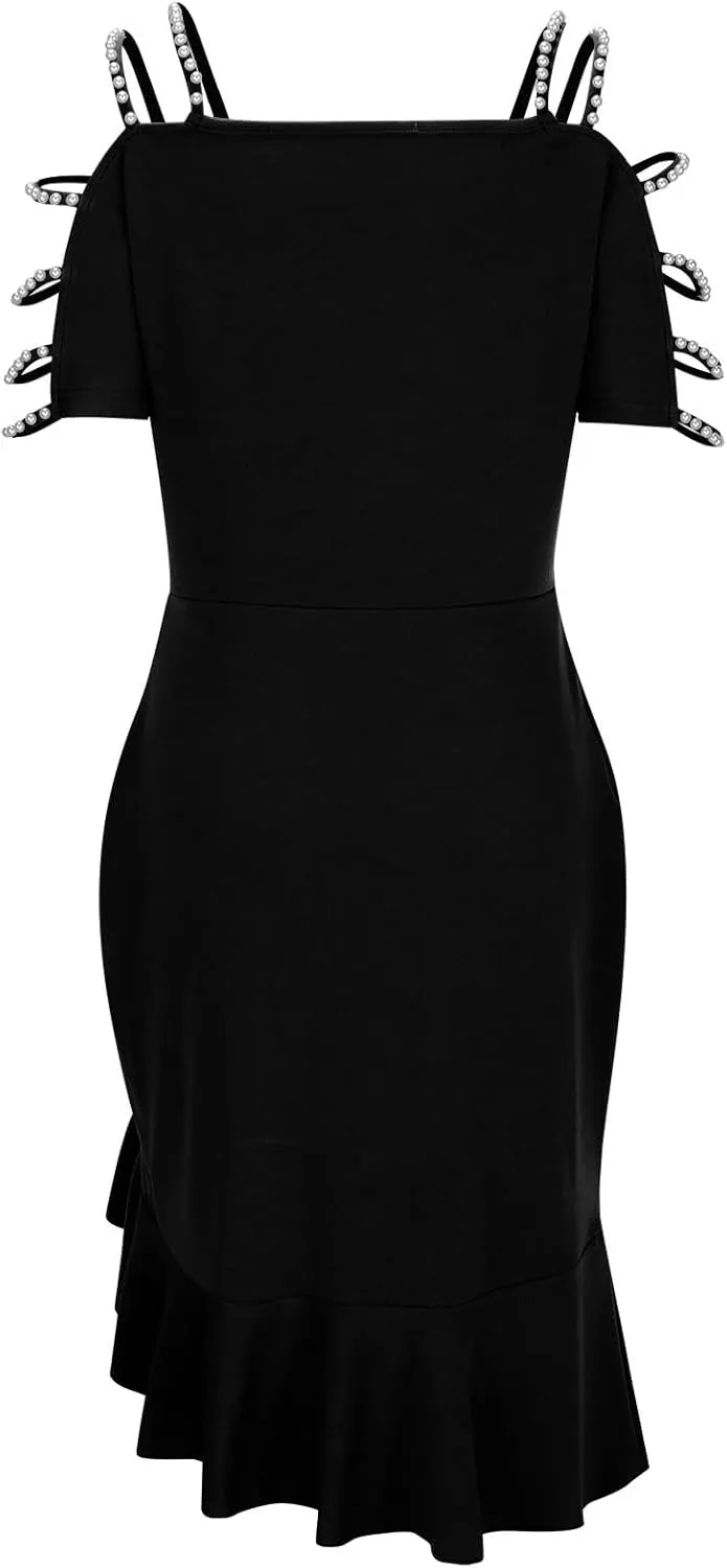 Women's Sexy Off Shoulder Bodycon Elegant Crew Neck Midi Formal Dresses Irregular Ruffle Hem Cocktail Party Dress