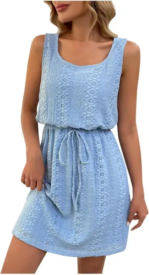 Women's Sleeveless Lace Dress Elegant Summer Casual A-Line Mini Dresses Drawstring Waist Sundress
