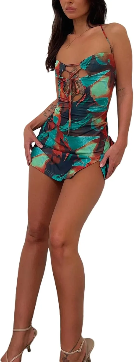 Women's Sparkly Floral Mini Dress Low-Cut Spaghetti Strap Backless Sexy Bodycon Dress Cocktail Club Party Sleeveless Dresses
