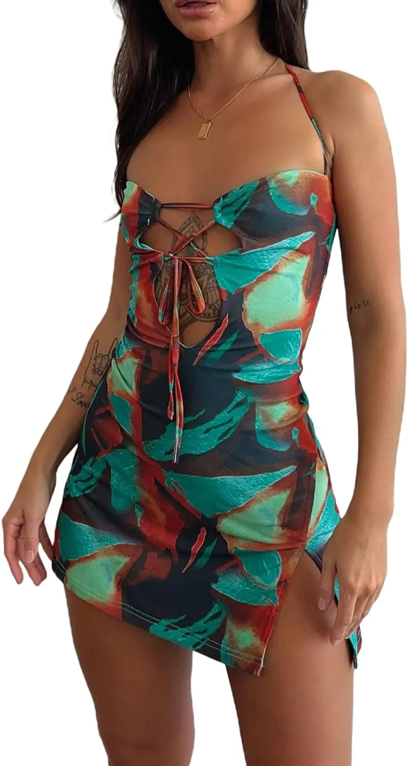 Women's Sparkly Floral Mini Dress Low-Cut Spaghetti Strap Backless Sexy Bodycon Dress Cocktail Club Party Sleeveless Dresses