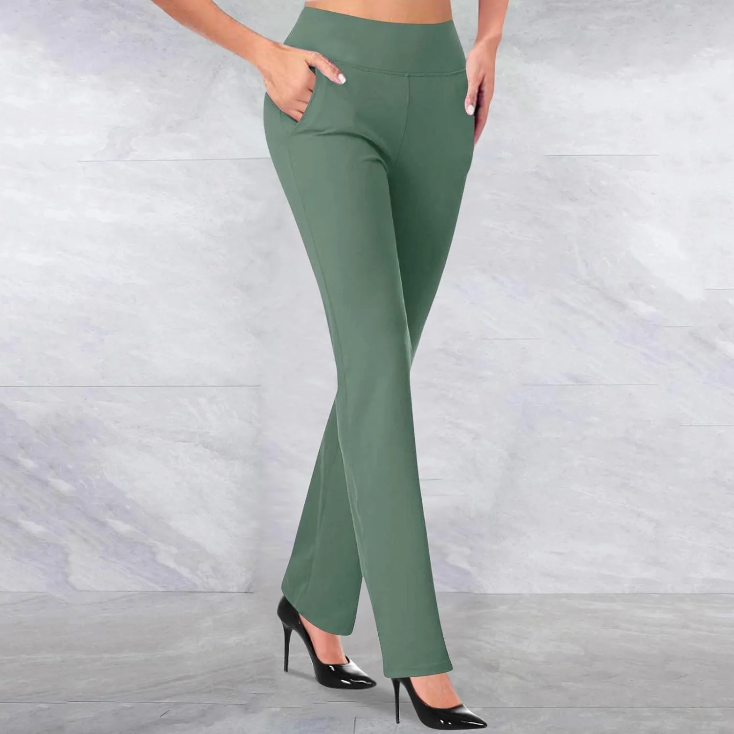 Womens Stretchy Straight Dressy Pants Trendy Solid Slim Work Office Business Trousers Elastic Flared Casual Yoga Pant
