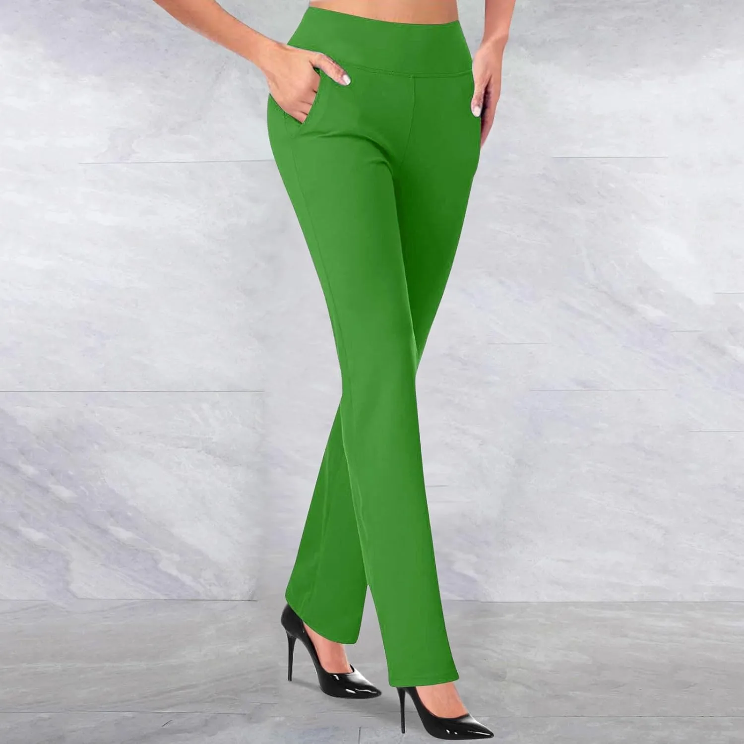 Womens Stretchy Straight Dressy Pants Trendy Solid Slim Work Office Business Trousers Elastic Flared Casual Yoga Pant