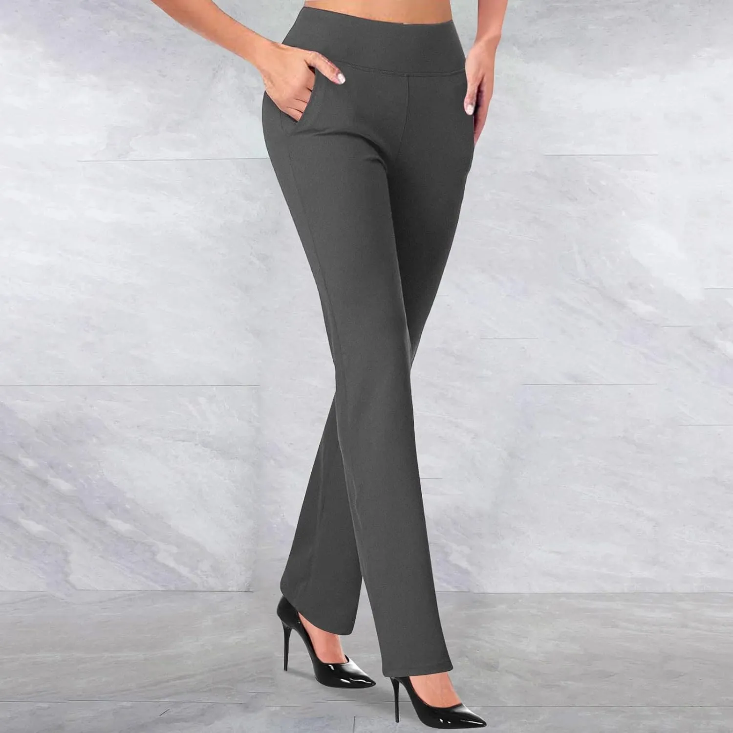 Womens Stretchy Straight Dressy Pants Trendy Solid Slim Work Office Business Trousers Elastic Flared Casual Yoga Pant