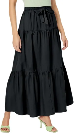 Women's Summer Flowy Boho Linen Maxi Skirt High Waist Pleated A-Line Flowy Asymmetric Tiered Maxi Long Skirt Dress