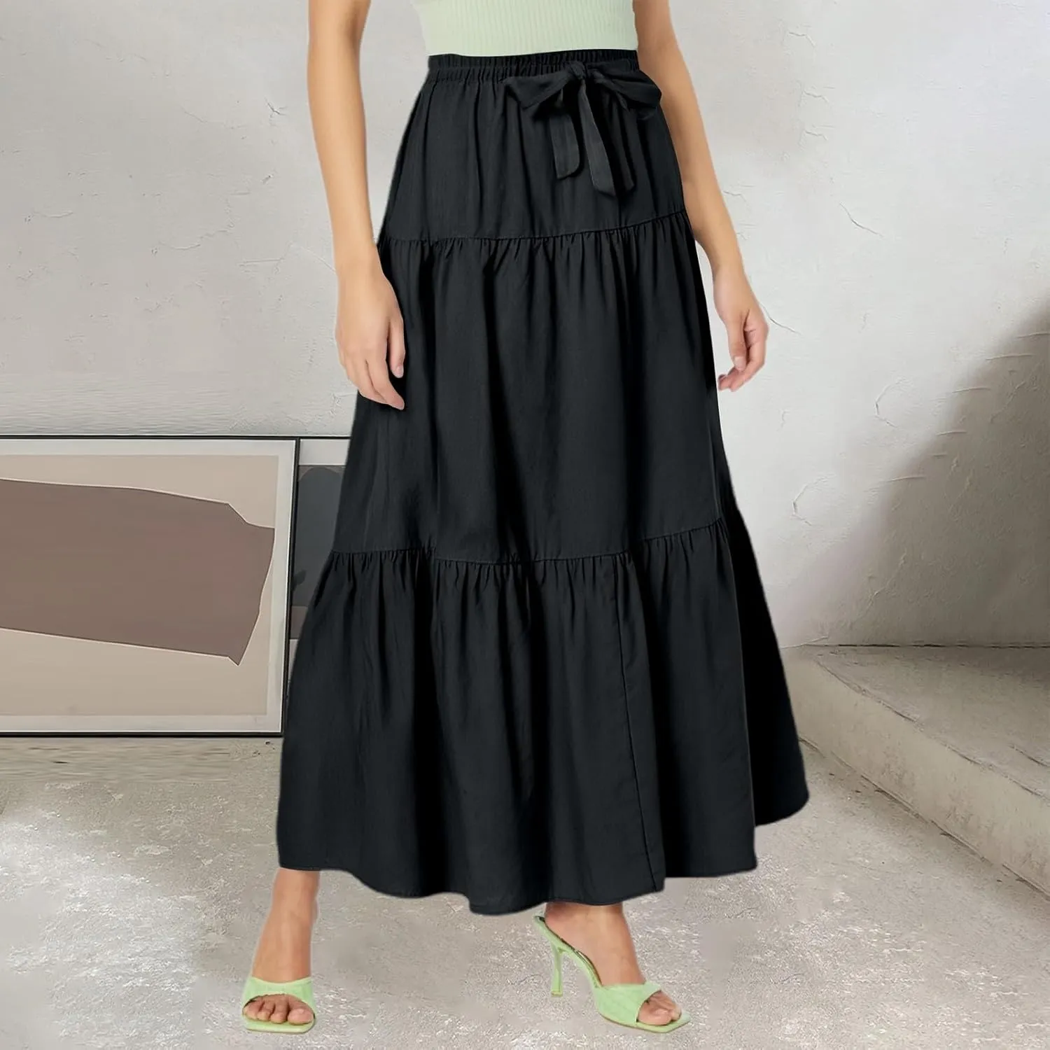 Women's Summer Flowy Boho Linen Maxi Skirt High Waist Pleated A-Line Flowy Asymmetric Tiered Maxi Long Skirt Dress