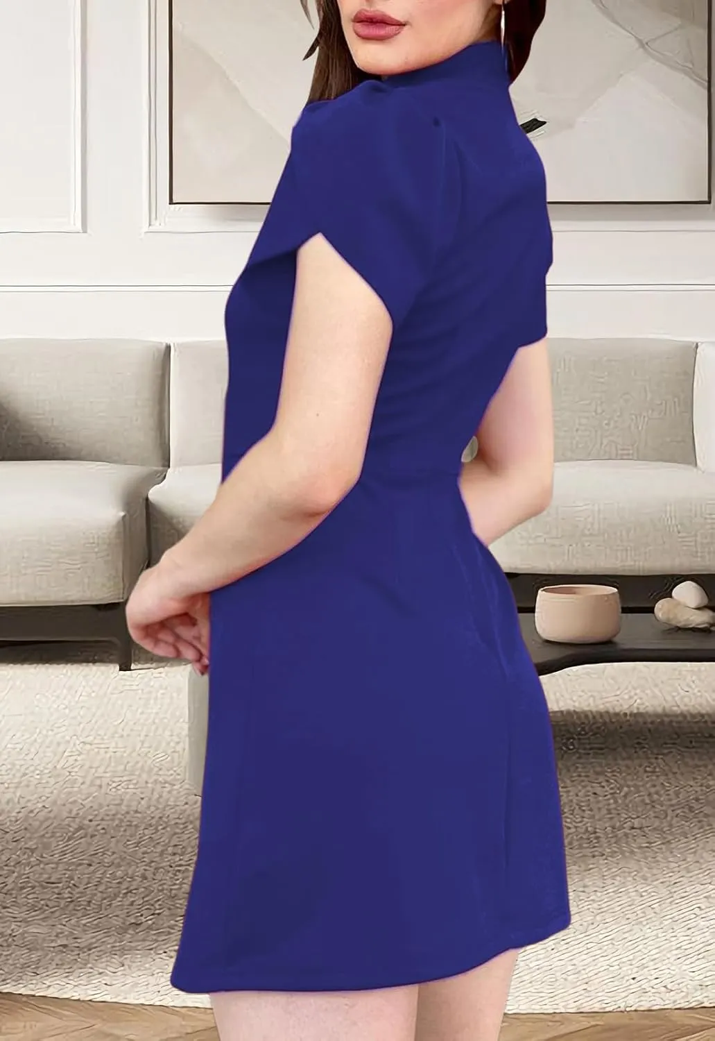 Women's Summer Tulip Short Sleeve Mock Neck Dresses Elegant Formal Mini Dress