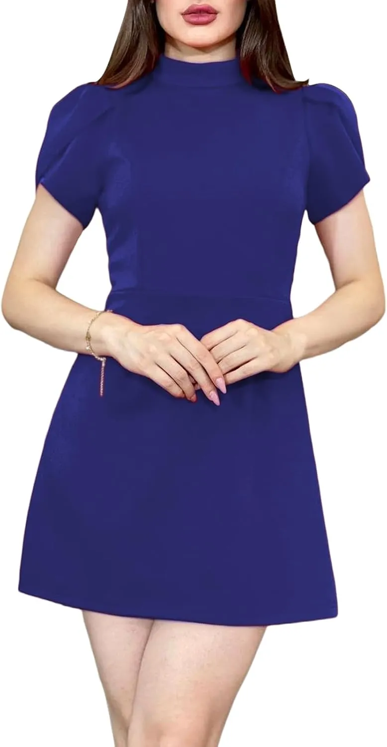 Women's Summer Tulip Short Sleeve Mock Neck Dresses Elegant Formal Mini Dress