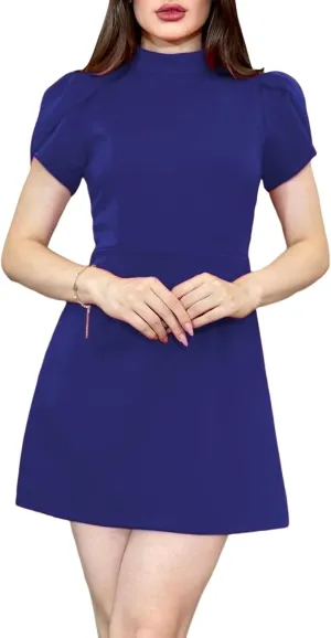 Women's Summer Tulip Short Sleeve Mock Neck Dresses Elegant Formal Mini Dress