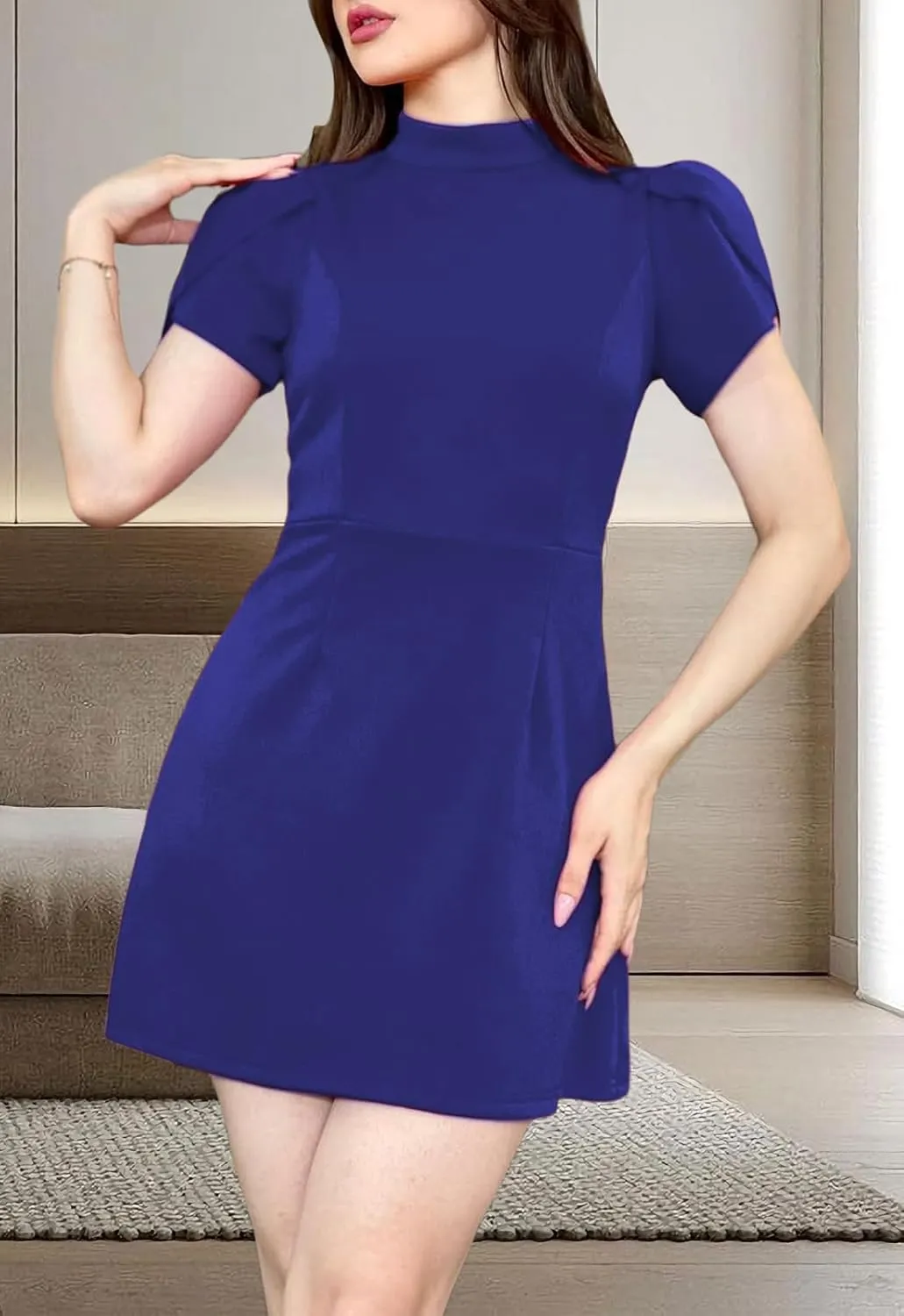 Women's Summer Tulip Short Sleeve Mock Neck Dresses Elegant Formal Mini Dress