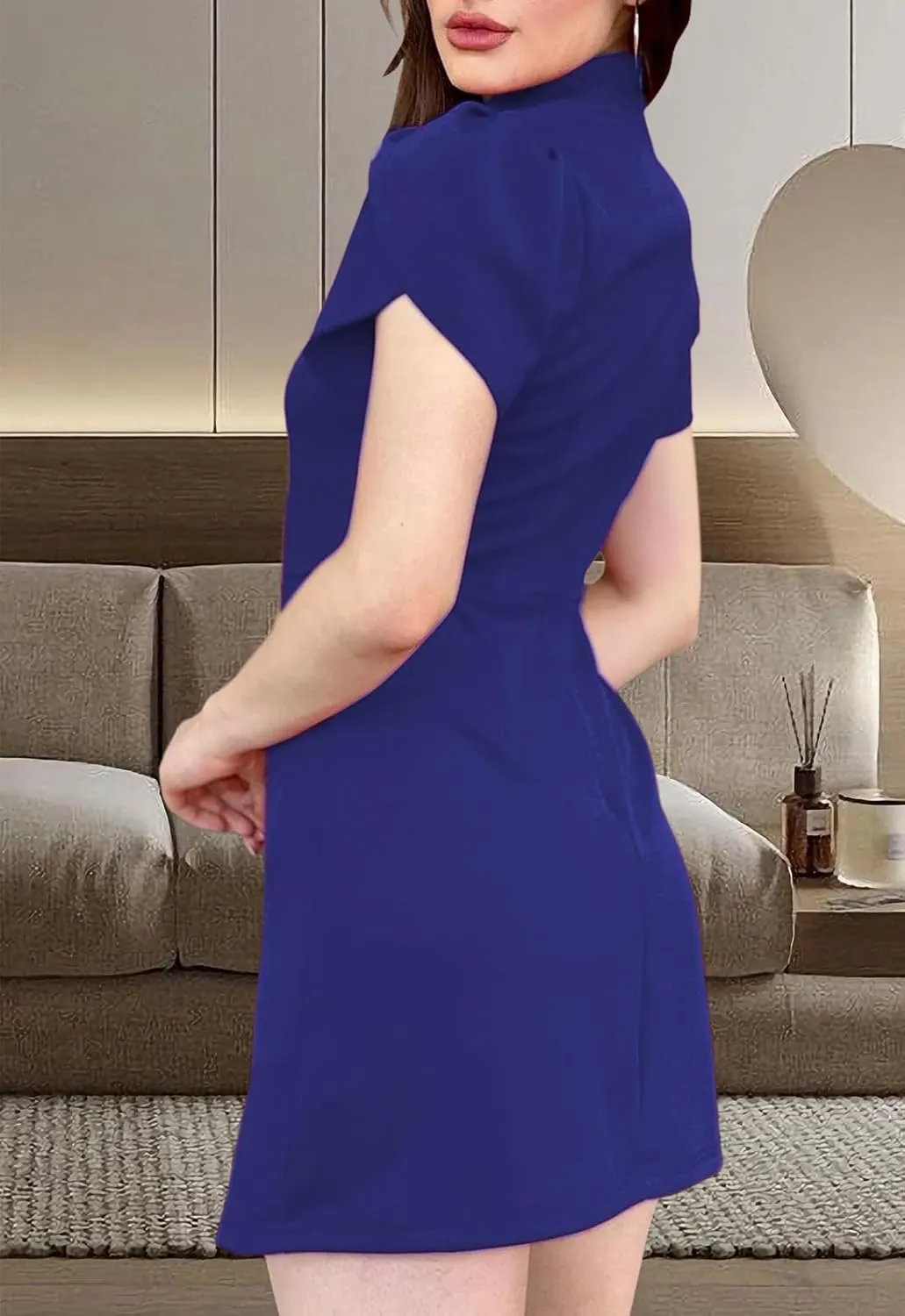 Women's Summer Tulip Short Sleeve Mock Neck Dresses Elegant Formal Mini Dress