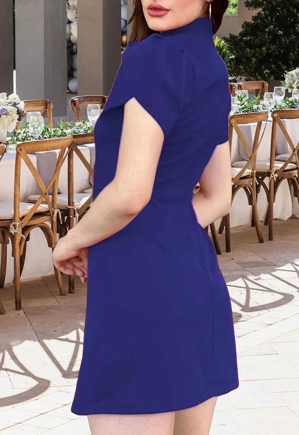 Women's Summer Tulip Short Sleeve Mock Neck Dresses Elegant Formal Mini Dress