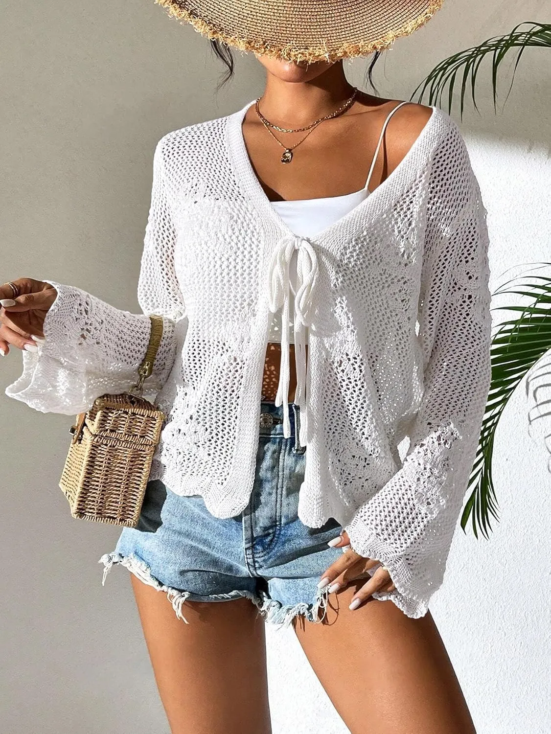 Womens Tie Front Lightweight Crochet Cardigan Shrugs Knit Cardigan Crop Tops Cover Up