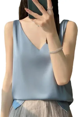 Women's V-Neck Silk Satin Camisole Tops Summer Solid Color Lightweight Blouse Vest