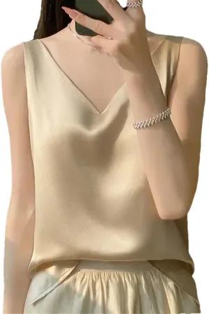Women's V-Neck Silk Satin Camisole Tops Summer Solid Color Lightweight Blouse Vest