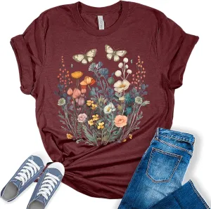 Women's Vintage Floral T Shirt Boho Wildflower Butterfly Cottagecore Graphic Tees Short Sleeve Casual Tops