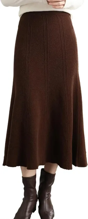 Women's Warm High Waist Wool Long Skirt Winter and Fall A-Line Pleated Flared Knit Midi Skirt