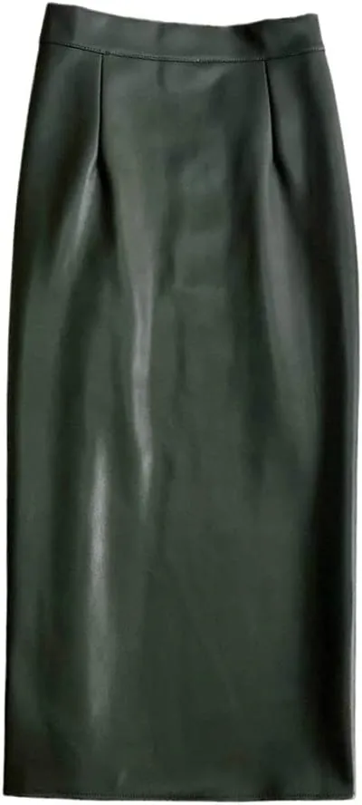 Women's Winter PU Leather Midi Skirts Pencil Bodycon Elegant Office Ladies High Waist Faux Stretch Sexy Skirt