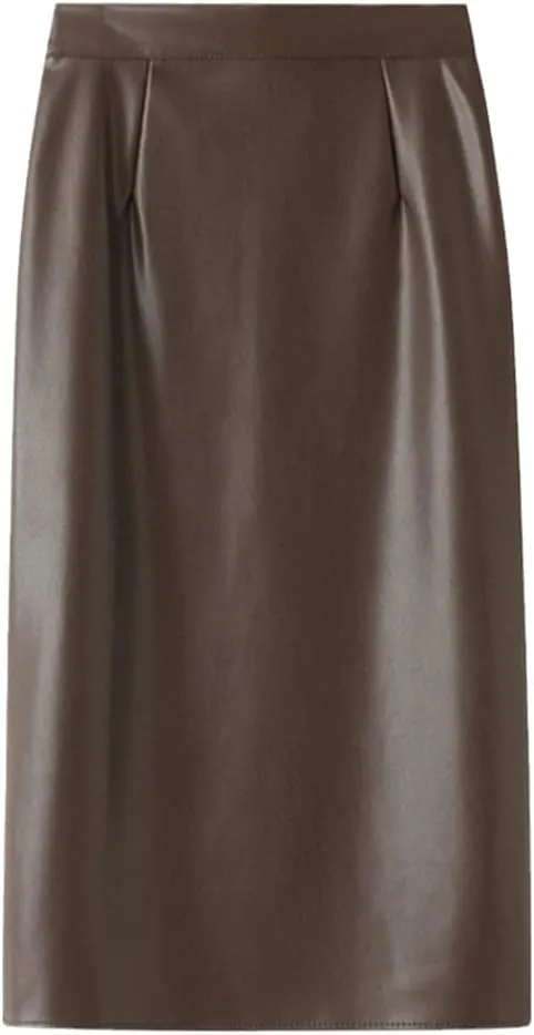 Women's Winter PU Leather Midi Skirts Pencil Bodycon Elegant Office Ladies High Waist Faux Stretch Sexy Skirt