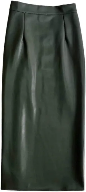 Women's Winter PU Leather Midi Skirts Pencil Bodycon Elegant Office Ladies High Waist Faux Stretch Sexy Skirt