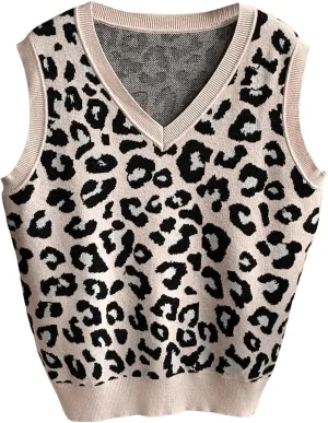 Women's Y2K Leopard Print Sweater Vest V Neck Sleeveless Lightweight Casual Cheetah Knit Tops