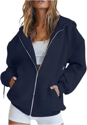 Womens Zip Up Hoodies Lightweight Fleece Jackets Oversized Long Sleeve Preppy Sweatshirt 2024 Fall Outfits Y2k Clothes