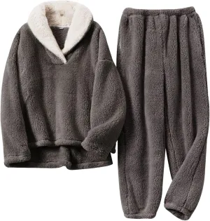 Wyeysyt Women' s Fluffy Pajamas Set Winter Warm Fleece Sleepwear Fuzzy Plush Cozy Pullover Loose Comfy Loungewear